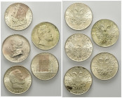 ÖSTERREICH, Erste Republik, 1918-1938, 2 Schilling Serie (5 Stk.), darin: 1932, Josef Haydn (st); 1934 Dr. Engelbert Dollfuss (w.Kr., st); 1935, Dr. K...