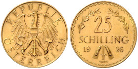 ÖSTERREICH, Erste Republik, 1918-1938, 25 Schilling 1926. 5,88g.
Ware ist MwSt-befreit
VAT tax free
GOLD, st
Frbg.521; KM 2841