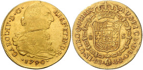 PERU, Carlos IV., 1788-1808, 8 Escudos 1790 IJ, Lima. 37,06g; 26,96g.
 GOLD, Vs.Kr., ss
KM 92; Frbg.36