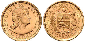 PERU, Republik, seit 1821, 1/2 Libra 1968 BBB. 19,3mm; 3,99g.
Ware ist MwSt-befreit
VAT tax free
GOLD, st
KM 209; Frbg.74