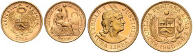 PERU, Republik, seit 1821, Libra 1965. 21,9mm; 7,98g. DAZU:10 Soles 1964. 17,9mm; 4,6g.
Ware ist MwSt-befreit
VAT tax free
GOLD, 2 Stk., f.st/st
K...