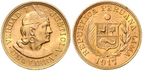 PERU, Republik, seit 1821, Libra 1917. 7,89g.
Ware ist MwSt-befreit
VAT tax free
GOLD, f.st
Frbg.73; KM 207
