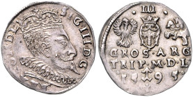 POLEN, Sigismund III., 1587-1632, Dreigröscher 1595, litauische Prägung. 21,5mm; 2,52g; 9h.
 selten, schöne Patina, ss+
GUM. 1336; Kopicki 3526