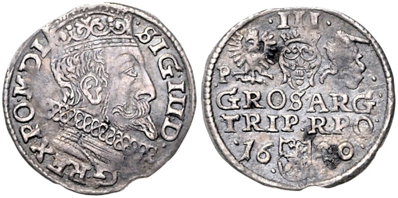 POLEN, Sigismund III., 1587-1632, Dreigröscher 1600, Posen. 20mm; 1,52g; 1h.
 s...