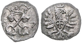 POLEN, Sigismund III., 1587-1632, AE Denar 1607, Posen. 12mm; 0,25g; 9h.
 (R4),ss
Kopicki 7958