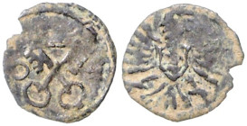 POLEN, Sigismund III., 1587-1632, AE Denar 1603, Posen. 12mm; 0,20g; 9h.
 (R5), Rdf., ss
Kopicki 7953