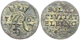 POLEN, August III. von Sachsen, 1733-1763, Cu-Schilling (Solidus) 1763 ICS, Elbing. 16mm; 0,66g.
 schöne Patina, ss
KM 105