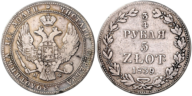 POLEN, Nikolaus I. von Russland, 1825-1855, 5 Zlotych =3/4 Rubel 1839 MW, Warsch...