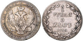 POLEN, Nikolaus I. von Russland, 1825-1855, 5 Zlotych =3/4 Rubel 1839 MW, Warschau.
 Rdf., s/ss
Gum.2548; Bitkin 1145
