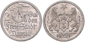 POLEN / DANZIG, Stadt, 2 Gulden 1923, Utrecht. Kogge n.l. fahrend, Stern. Rs.Stadtwappen, Jahreszahl. 27mm; 9,96g; 6h.
 winz.Kr., vz+
J.D 8