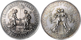 POLEN / DANZIG, Stadt, Silbermed. o.J. (1660) v. J.Höhn a.d. Frieden von Oliva. Fides und Pietas reichen sich die Hände, im Hintergrund Stadtansicht v...