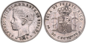 PUERTO RICO, Alfonso XIII., 1886-1898, 20 Centavos 1895 PGV, Madrid. 5,02g.
 ss/vz
KM 22