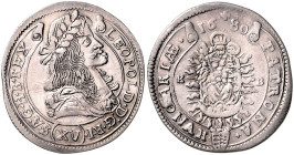 HAUS HABSBURG, Leopold I., 1657-1705, 15 Kreuzer 1680 KB, Kremnitz. 31,5mm; 6,45g; 12h.
 sehr selten, l.bearb., ss+
Her.1047