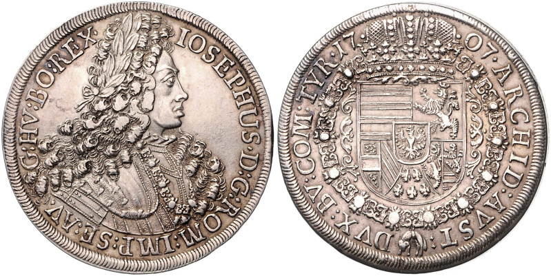 HAUS HABSBURG, Joseph I., 1705-1711, Reichstaler 1707, Hall. 28,76g.
 f.vz
Dav...