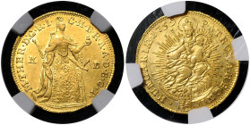 HAUS HABSBURG, Maria Theresia, 1740-1780, Dukat 1759 KB, Kremnitz. Maria Theresia stehend mit Zepter. Rs.Madonna mit Kind. NGC AU53.
 GOLD, NGC AU53...