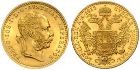 HAUS HABSBURG, Franz Joseph I., 1848-1916, Dukat 1915. Spätere Nachprägung. 3,48g.
Ware ist MwSt-befreit
VAT tax free
GOLD, st
Frbg.494; KM 2267