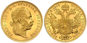 HAUS HABSBURG, Franz Joseph I., 1848-1916, Dukat 1915. Restrike. 20mm; 3,51g.
Ware ist MwSt-befreit
VAT tax free
GOLD, st
Frbg.494; KM 2267