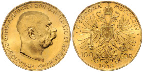 HAUS HABSBURG, Franz Joseph I., 1848-1916, 100 Kronen 1915. Restrike. 36,9mm; 33,87g.
Ware ist MwSt-befreit
VAT tax free
GOLD, f.st/st
KM 2819; Fr...