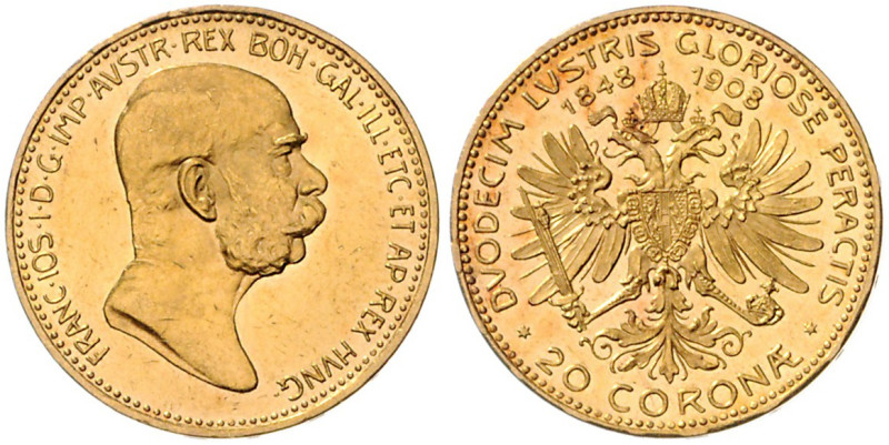 HAUS HABSBURG, Franz Joseph I., 1848-1916, 20 Kronen 1908. 60-jähriges Regierung...