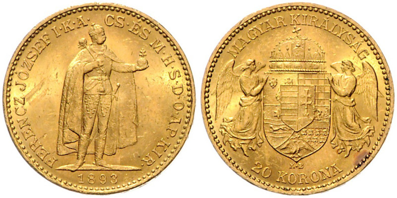 HAUS HABSBURG, Franz Joseph I., 1848-1916, 20 Kronen 1893 KB. 20,9mm; 6,77g.
Wa...