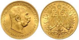 HAUS HABSBURG, Franz Joseph I., 1848-1916, 20 Kronen 1915. Restrike. 21mm; 6,77g.
Ware ist MwSt-befreit
VAT tax free
GOLD, st
Frbg.509R; KM 2815