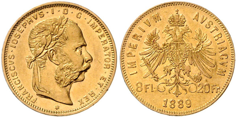 HAUS HABSBURG, Franz Joseph I., 1848-1916, 8 Florins (= 20 Francs) 1889. 6,44g....