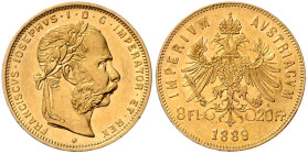 HAUS HABSBURG, Franz Joseph I., 1848-1916, 8 Florins (= 20 Francs) 1889. 6,44g.
Ware ist MwSt-befreit
VAT tax free
GOLD, vz/st
Frbg.502