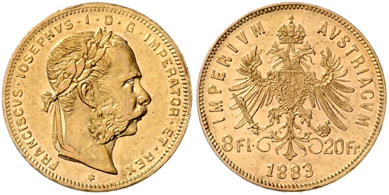 HAUS HABSBURG, Franz Joseph I., 1848-1916, 8 Florins (= 20 Francs) 1883. 6,43g....