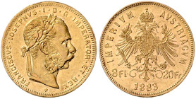 HAUS HABSBURG, Franz Joseph I., 1848-1916, 8 Florins (= 20 Francs) 1883. 6,43g.
Ware ist MwSt-befreit
VAT tax free
GOLD, vz
Frbg.502