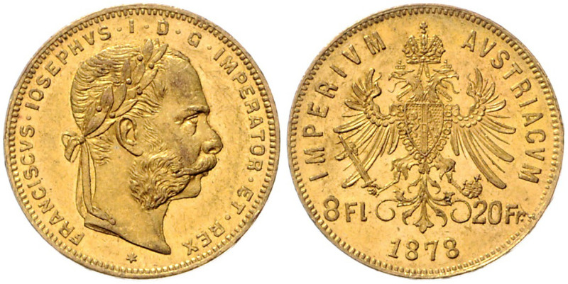 HAUS HABSBURG, Franz Joseph I., 1848-1916, 8 Florins (= 20 Francs) 1878. 6,46g....