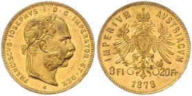 HAUS HABSBURG, Franz Joseph I., 1848-1916, 8 Florins (= 20 Francs) 1878. 6,46g.
Ware ist MwSt-befreit
VAT tax free
GOLD, vz
Frbg.502