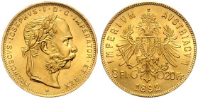 HAUS HABSBURG, Franz Joseph I., 1848-1916, 8 Florins =20 Francs 1892. Restrike. 21mm; 6,45g.
Ware ist MwSt-befreit
VAT tax free
GOLD, st
Frbg.502R...