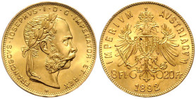 HAUS HABSBURG, Franz Joseph I., 1848-1916, 8 Florins =20 Francs 1892. Restrike. 21mm; 6,45g.
Ware ist MwSt-befreit
VAT tax free
GOLD, st
Frbg.502R...