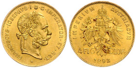 HAUS HABSBURG, Franz Joseph I., 1848-1916, 4 Florins =10 Francs 1892. Restrike. 19,1mm; 3,23g.
Ware ist MwSt-befreit
VAT tax free
GOLD, vz
Frbg.50...