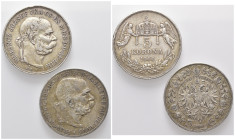 HAUS HABSBURG, Franz Joseph I., 1848-1916, 5 Kronen 1900 KB, Kremnitz (Her.774). Erh. kl.Rdf., ss+; 36mm; 23,85g; 12h. 5 Kronen 1907, Wien (Her.770). ...