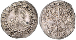 WALLENSTEIN(WALDSTEIN), GRAFEN, Albrecht, 1629-1634, 3 Kreuzer (Groschen) 1632, Jitschin. 1,68g. Mit altem Beschreibungszettel Robert Ball.
 ss
Nohe...