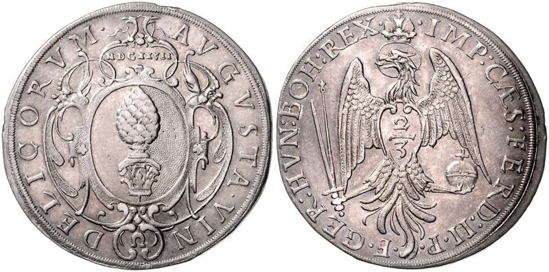 AUGSBURG, STADT, 2/3 Taler 1627. Mit Titel Ferdinand II. und Stadtwappen in Kart...