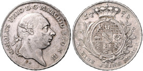 BADEN-DURLACH, Karl Friedrich, 1738-1811, Konventionstaler 1778 H-W, Durlach. 27,93g.
 min.Sf.a.Rd., ss/vz
Wiel.717; Dav.1935