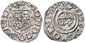 BARBY, Albrecht Friedrich und Jost Günther, 1617-1641/1651, Groschen =1/24 Taler 1618. 19mm; 1,16g; 11h.
 ss+
Mehl 105f