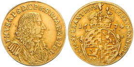 BAYERN, Ferdinand Maria, 1651-1679, Goldgulden 1674, München. 3,27g.
 GOLD, l.just., ss
Witt.1378; Hahn 166; Frbg.311
