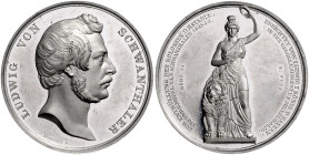 BAYERN, Ludwig I., 1825-1848, Zinnmed. 1850 von Birnböck, a.d. Enthüllung der Bavaria-Statue. Kopf r. Rs.Ansicht der Statue. Motive mattiert; 41mm; 28...