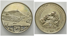 BINGEN, STADT, Versil. Br.-Med. 1899, a.d. Hundeausstellung. Stadtansicht mit dem Rhein. Rs.2 Hunde. 50mm; 50,10g.
 st