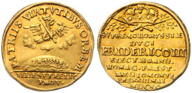 BRANDENBURG-PREUSSEN, Friedrich III., 1688-1701, Goldmed. zu 1/2 Dukaten 1690, Königsberg. A.d.Huldigung zu Königsberg. 1,72g.
 GOLD, vz
Frbg.-; Mbg...