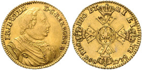 BRANDENBURG-PREUSSEN, Friedrich Wilhelm I. der Soldatenkönig, 1713-1740, 1/2 Wilhelms d'or 1738 EGN, Berlin. 6,68g.
 GOLD, Rs.kl.Kr.i.F., ss
Frbg.23...