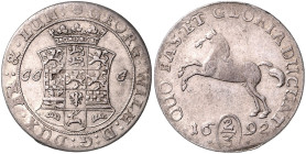 BRAUNSCHWEIG UND LÜNEBURG, LINIE LÜNEBURG-CELLE, Georg Wilhelm, 1665-1705, Gulden =2/3 Taler 1692 JJJ, Celle. Springendes Pferd. 34,5mm; 15,48g; 12h....
