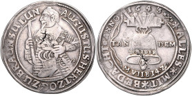 BRAUNSCHWEIG UND LÜNEBURG, LINIE WOLFENBÜTTEL, August der Jüngere, 1635-1666, Reichstaler 1643 HS, Zellerfeld. VI. Glockentaler. 28,77g.
 kl.Sf., ss...