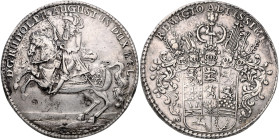 BRAUNSCHWEIG UND LÜNEBURG, LINIE WOLFENBÜTTEL, Rudolph August, 1666-1685, Löser zu 2 Reichstalern 1683, Zellerfeld. Herzog im Ornat l. reitend, Wertpu...