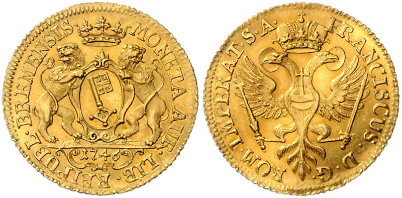 BREMEN, STADT, Dukat 1746. Mit Titel Franz I. 3,47g.
 GOLD, selten, l.gewellt, ...