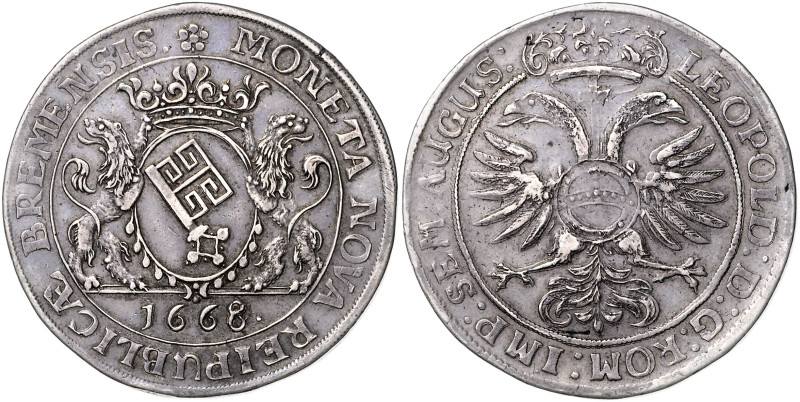 BREMEN, STADT, Doppelter Reichstaler 1668 (aus 1666). Mit Titel Leopold I. 56,38...