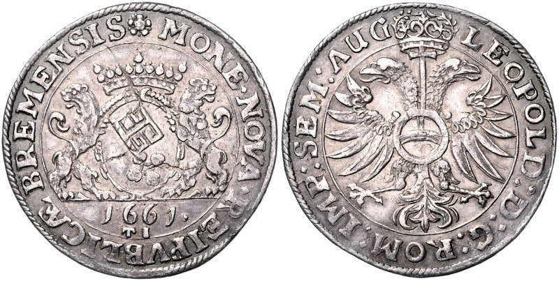 BREMEN, STADT, 1/2 Reichstaler 1661. Mit Titel Leopold I. 14,25g.
 Sf., ss+
Ju...